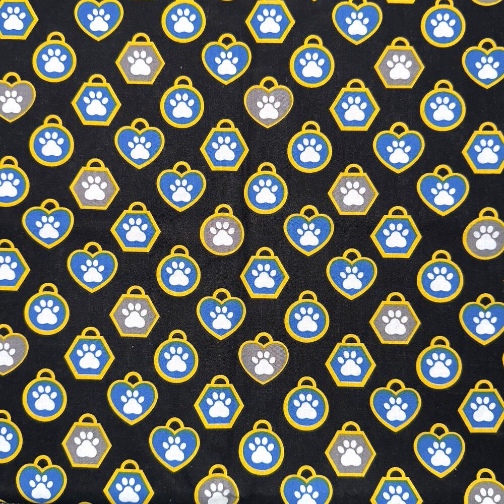 Blue & Gray Pet Tags on Black by Quilter's Showcase - 1/2 YD - Dog Cat Paw Print